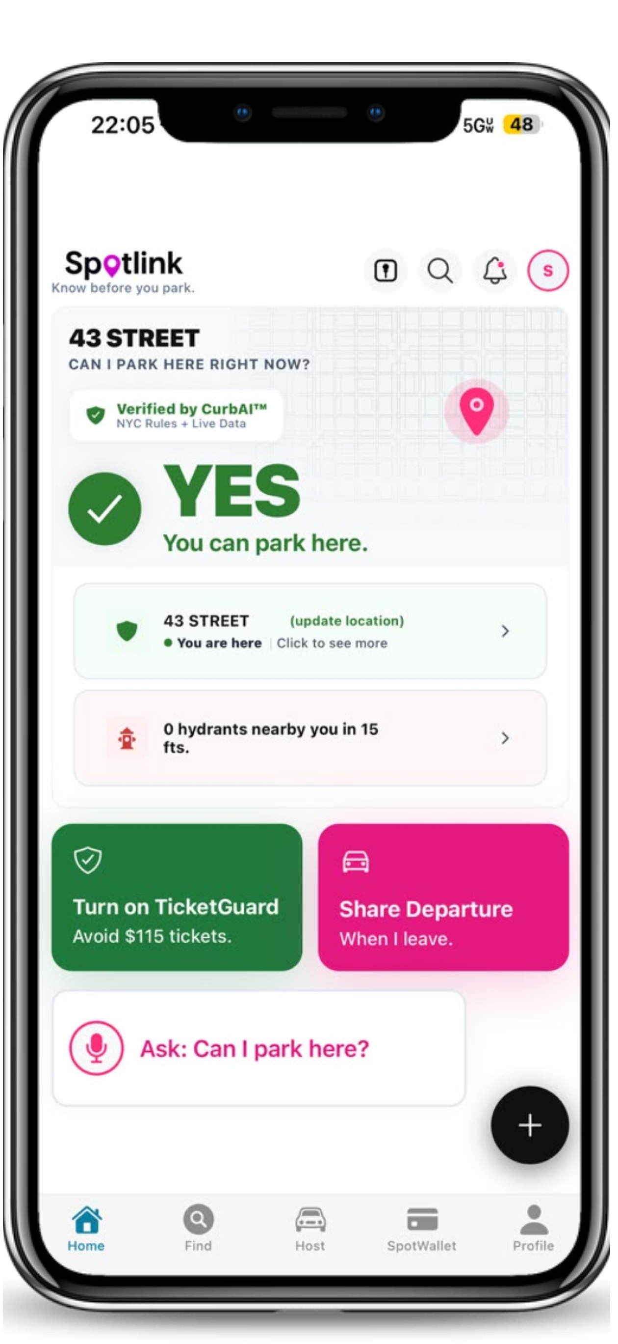 Spotlink home screen showing a current parking decision and hydrant context